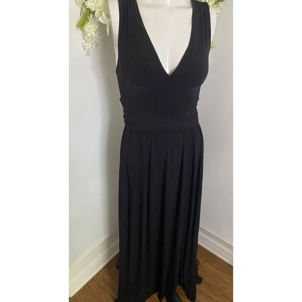 BCBGeneration V Neck Belted Black Maxi‎ Dress XS Front Slit Open Back 58
